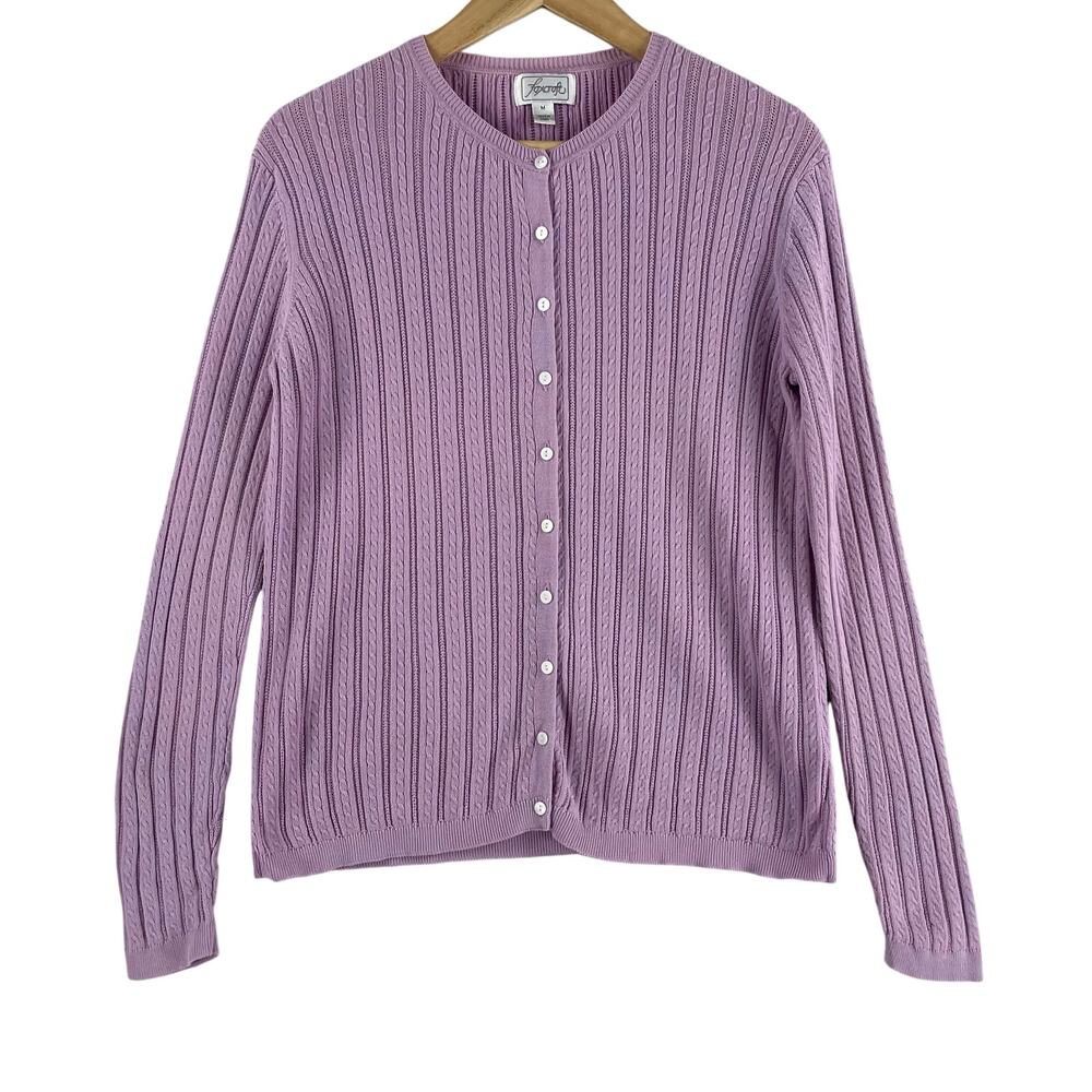 Foxcroft Women’s Lavender Cable Knit Supima Cotton Cardigan SZ M